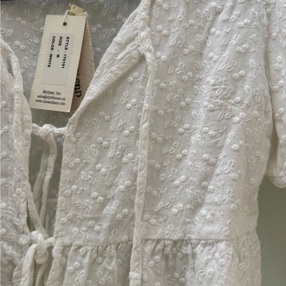 White Embroidered Tie-Front Peplum Top - Picture 3 of 5
